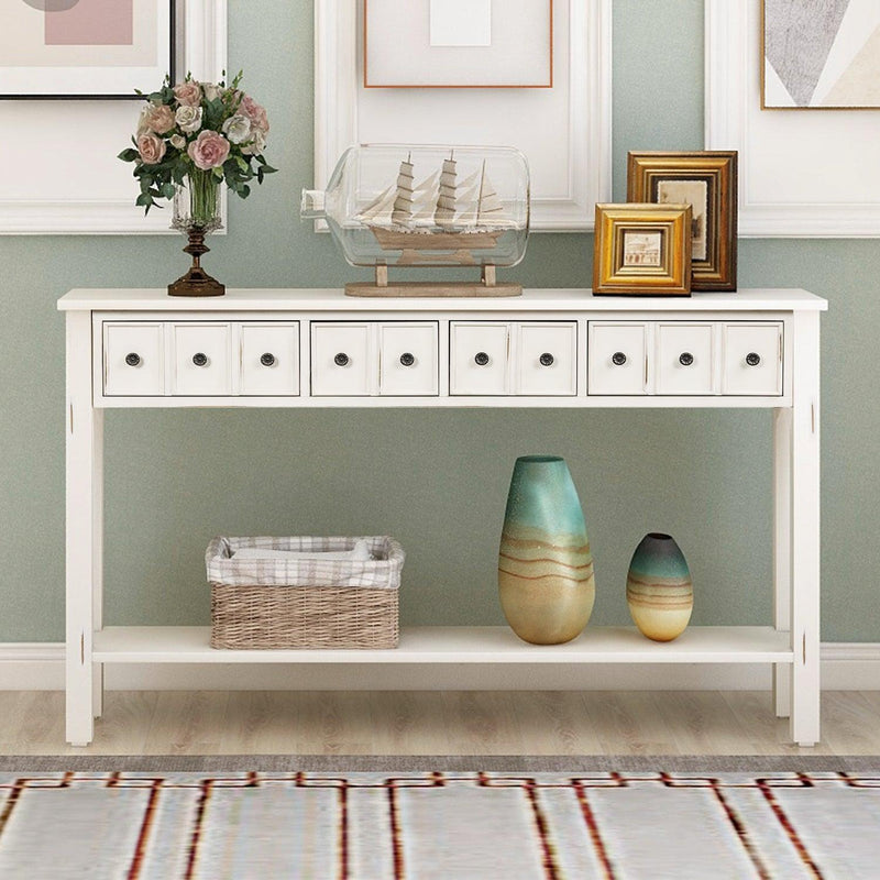 Rustic Entryway Console Table, 60" Long with two Different Size Drawers and Bottom Shelf forStorage (Antique White) - Urban Living Furniture (Los Angeles, CA)