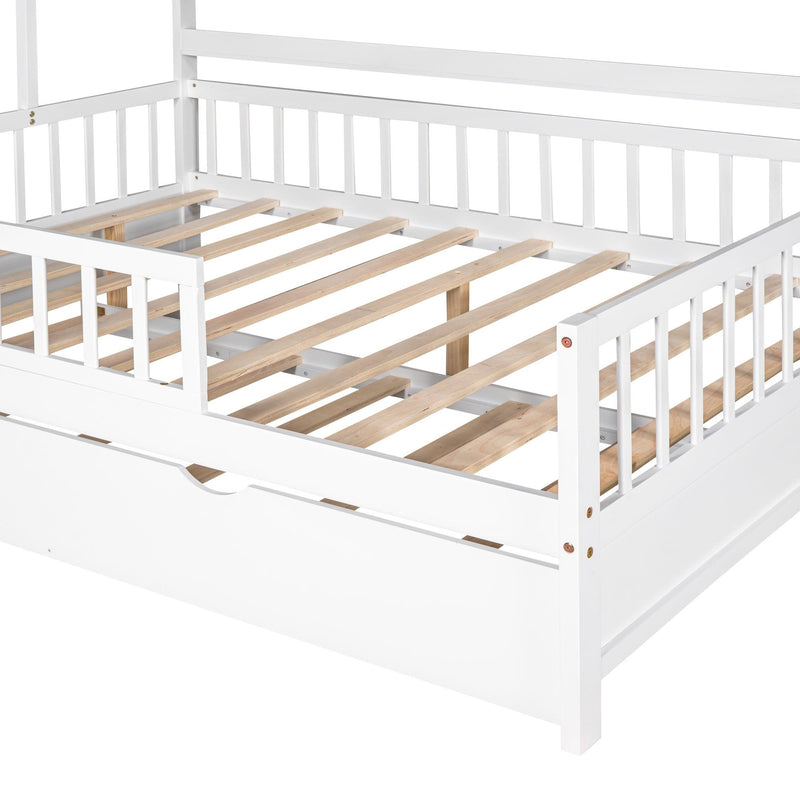 Wooden Full Size House Bed with Twin Size Trundle,Kids Bed with Shelf, White - Urban Living Furniture (Los Angeles, CA)