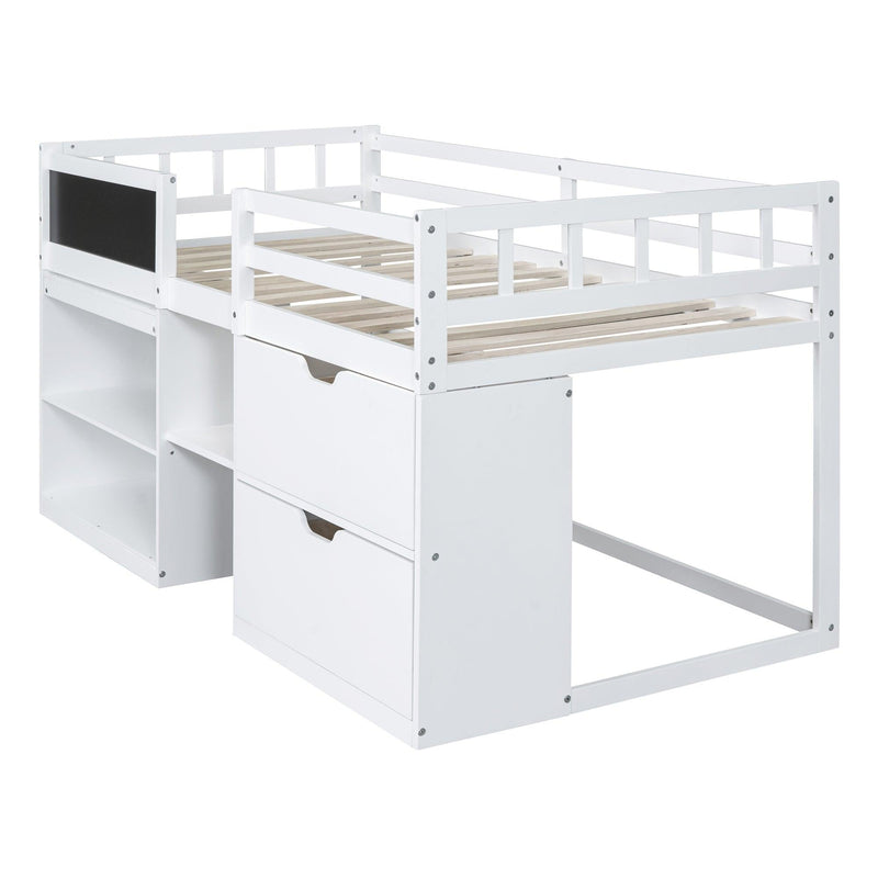 Twin Size Low Loft Bed with Rolling Desk, Shelf and Drawers - White - Urban Living Furniture (Los Angeles, CA)