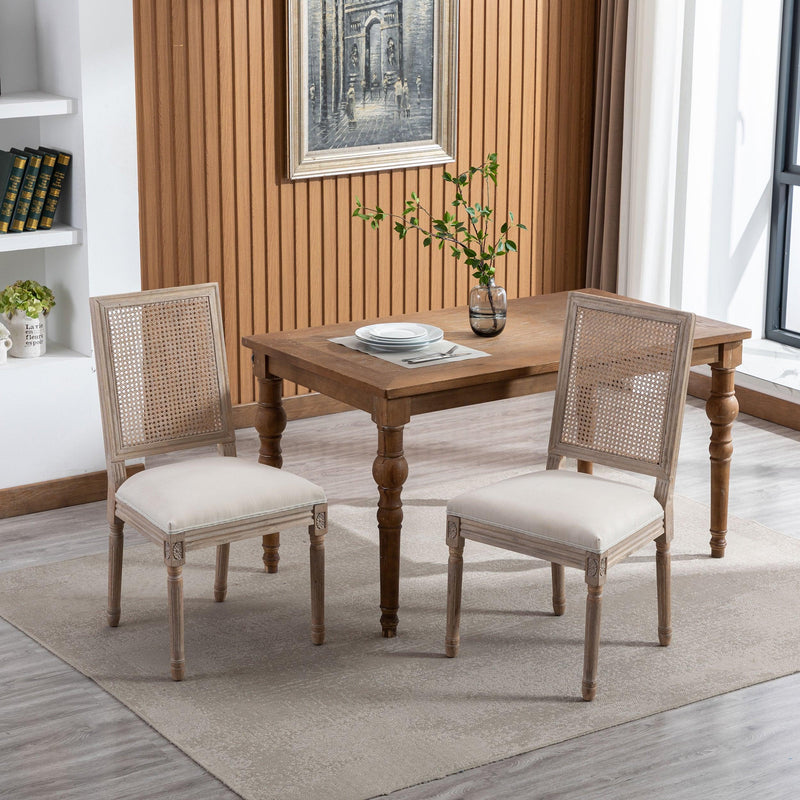 French Style Solid Wood Frame Linen Fabric Antique Painting Rattan Back Dining Chair ,Seat of 2,Cream - Urban Living Furniture (Los Angeles, CA)