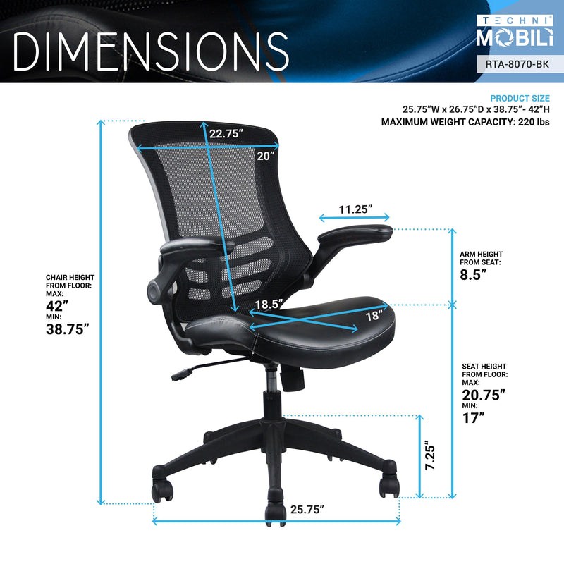 Techni Mobili Stylish Mid-Back Mesh Office Chair with Adjustable Arms, Black - Urban Living Furniture (Los Angeles, CA)