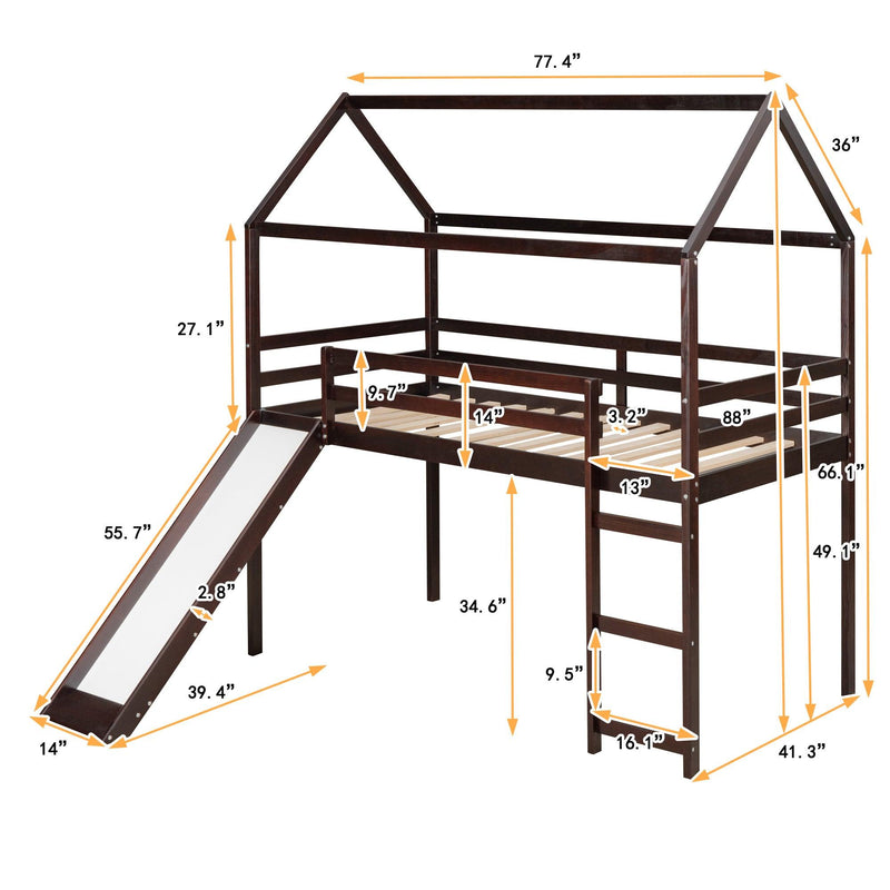 Twin Loft Bed with Slide, House Bed with Slide,Gray