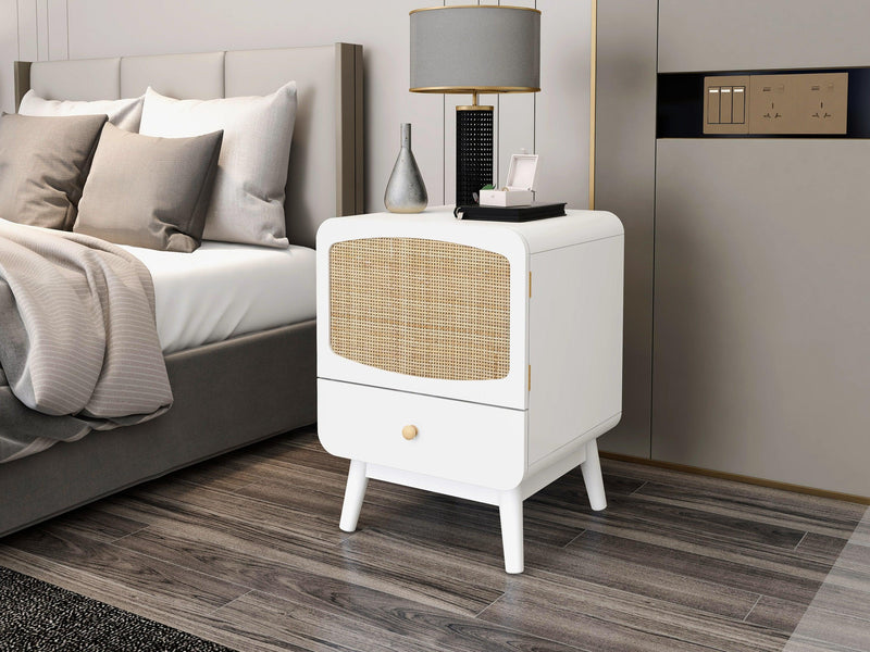 White Nightstand,  Bedside Table withStorage Drawe/ Rattan Door - Urban Living Furniture (Los Angeles, CA)