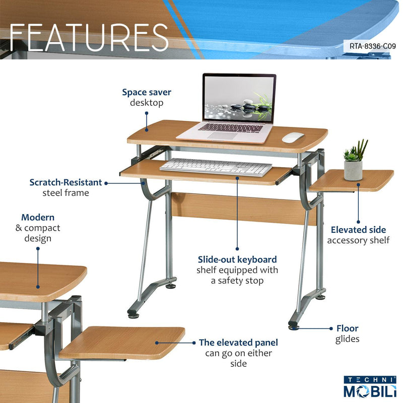 Techni Mobili Compact Computer Desk with Side Shelf and Keyboard Panel, Cherry - Urban Living Furniture (Los Angeles, CA)