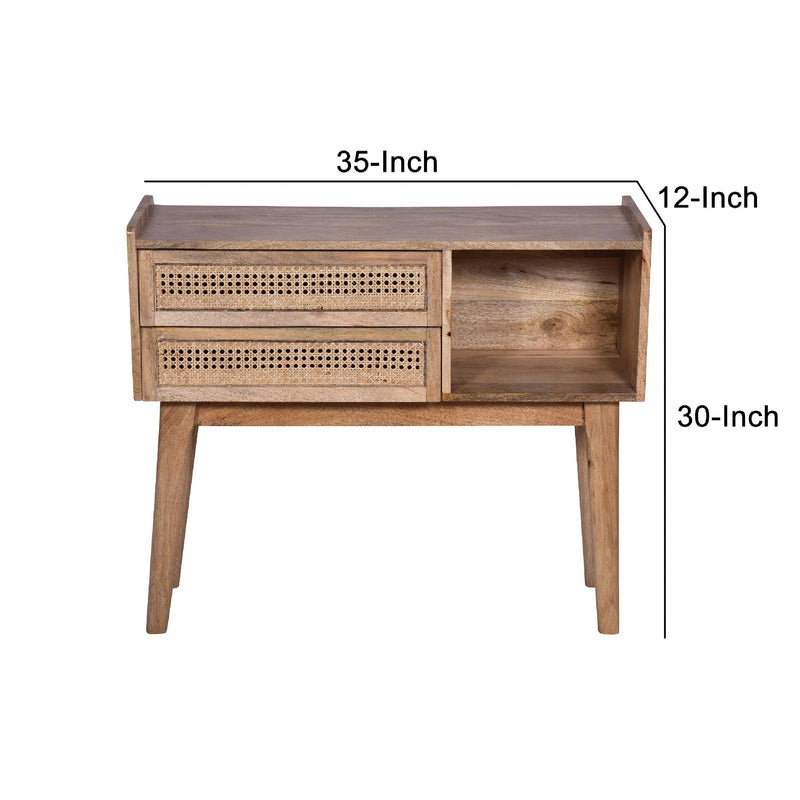 Ryan 35 Inch Cottage Style, 2 Drawer ManWood Rectangular Console Table, Cane Rattan Panels, Natural Brown - Urban Living Furniture (Los Angeles, CA)