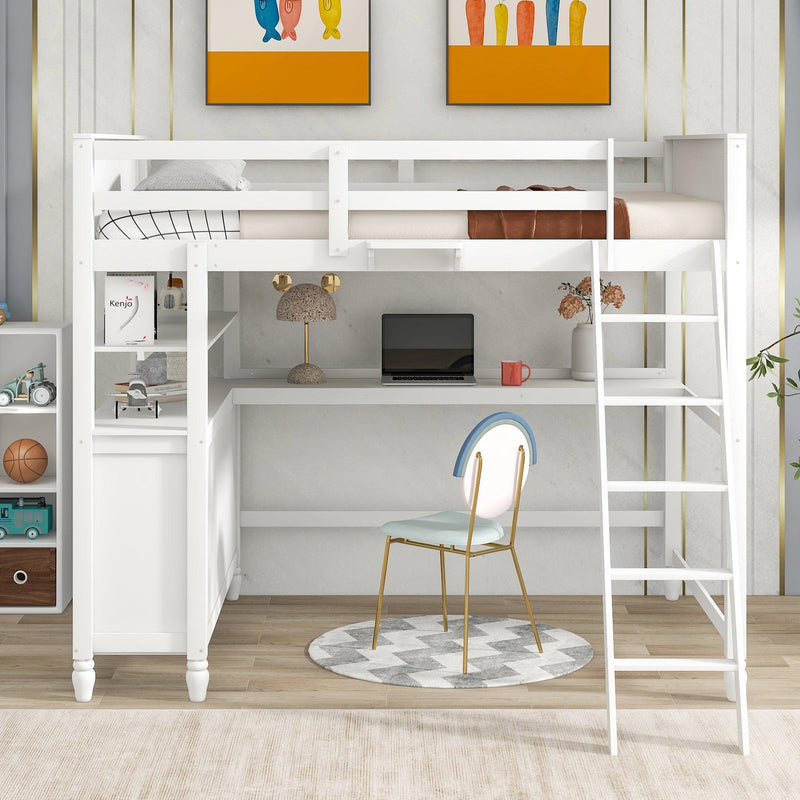 Full size Loft Bed with Drawers and Desk, Wooden Loft Bed with Shelves - White
