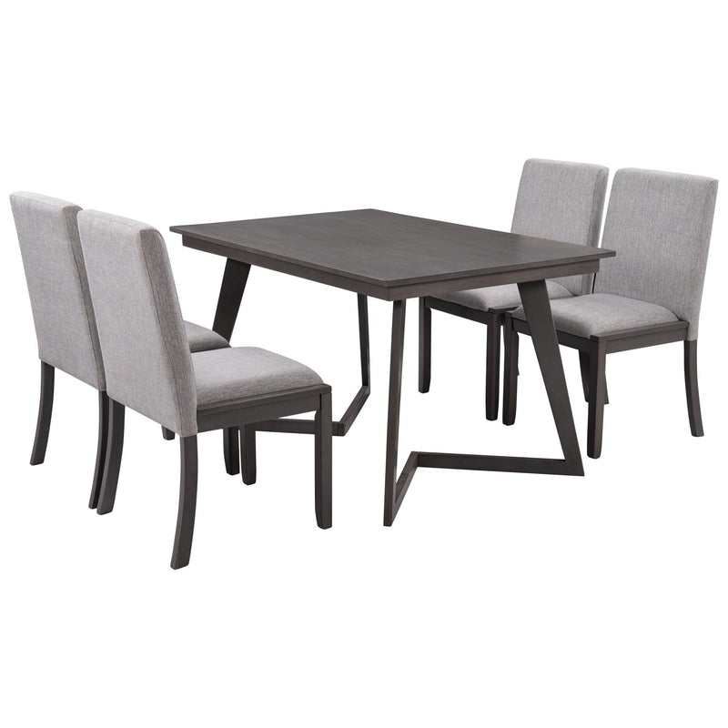 5-Piece Dining Set, Wood Rectangular Table with 4 Linen Fabric Chairs, Gray