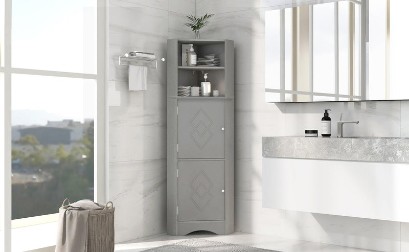 Tall Bathroom Corner Cabinet, FreestandingStorage Cabinet with Doors and Adjustable Shelves, MDF Board, Gray - Urban Living Furniture (Los Angeles, CA)