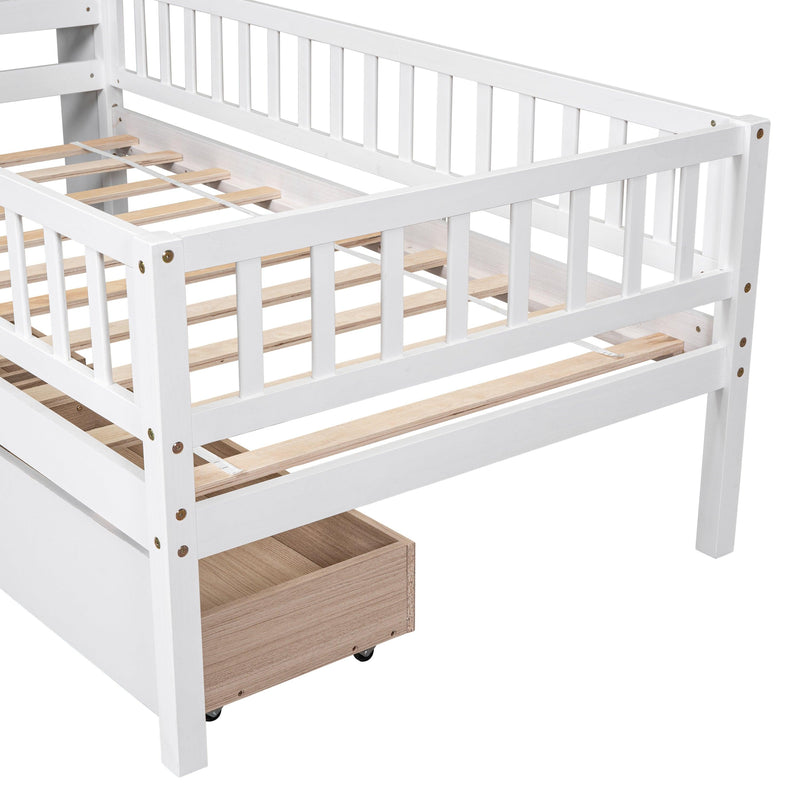 Twin Size House-Shaped Headboard Bed with Fence Guardrails and Drawers ,White - Urban Living Furniture (Los Angeles, CA)