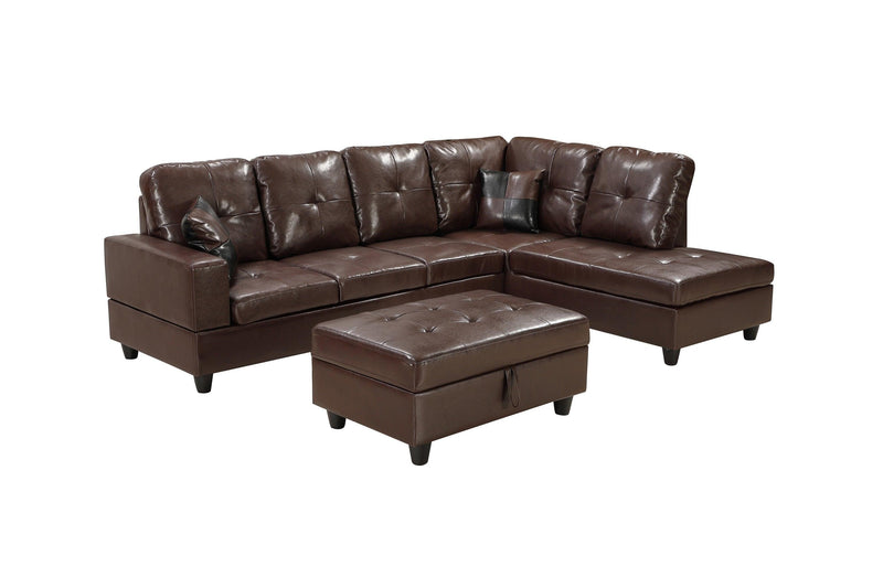 3 PC Sectional Sofa Set, (Brown) Faux Leather left -Facing Chaise with FreeStorage Ottoman