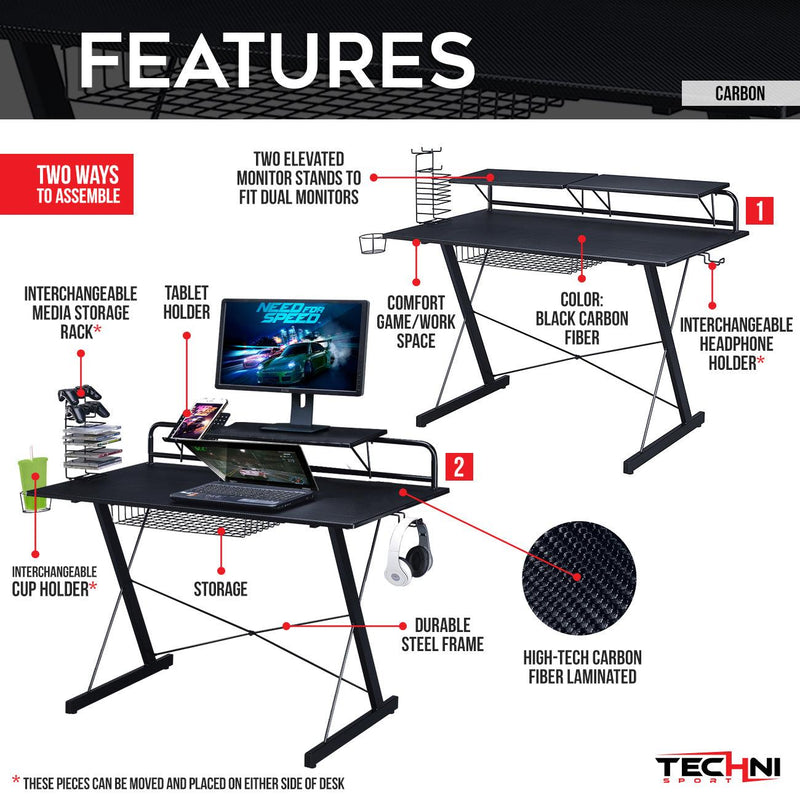 Techni Sport TS-200 Carbon Computer Gaming Desk with Shelving, Black - Urban Living Furniture (Los Angeles, CA)