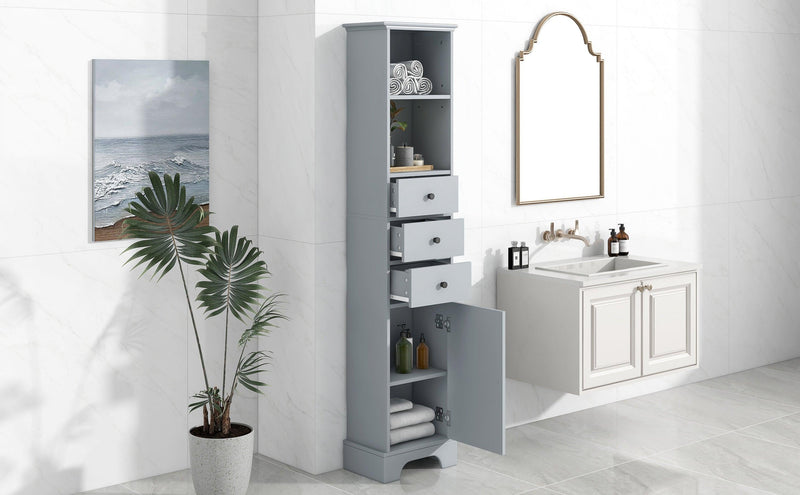 Grey Tall Bathroom Cabinet, FreestandingStorage Cabinet with 3 Drawers and Adjustable Shelf, MDF Board with Painted Finish - Urban Living Furniture (Los Angeles, CA)