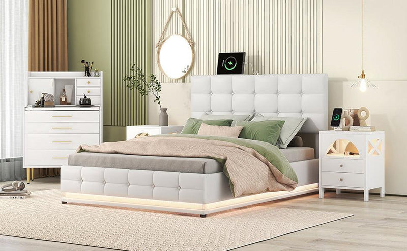 4-Pieces Bedroom Sets Queen Size Upholstered Bed with LED Lights and HydraulicStorage System,Two Nightstands with USB Charging Station and LED lights,Vanity with Mirror and Retractable Table,White