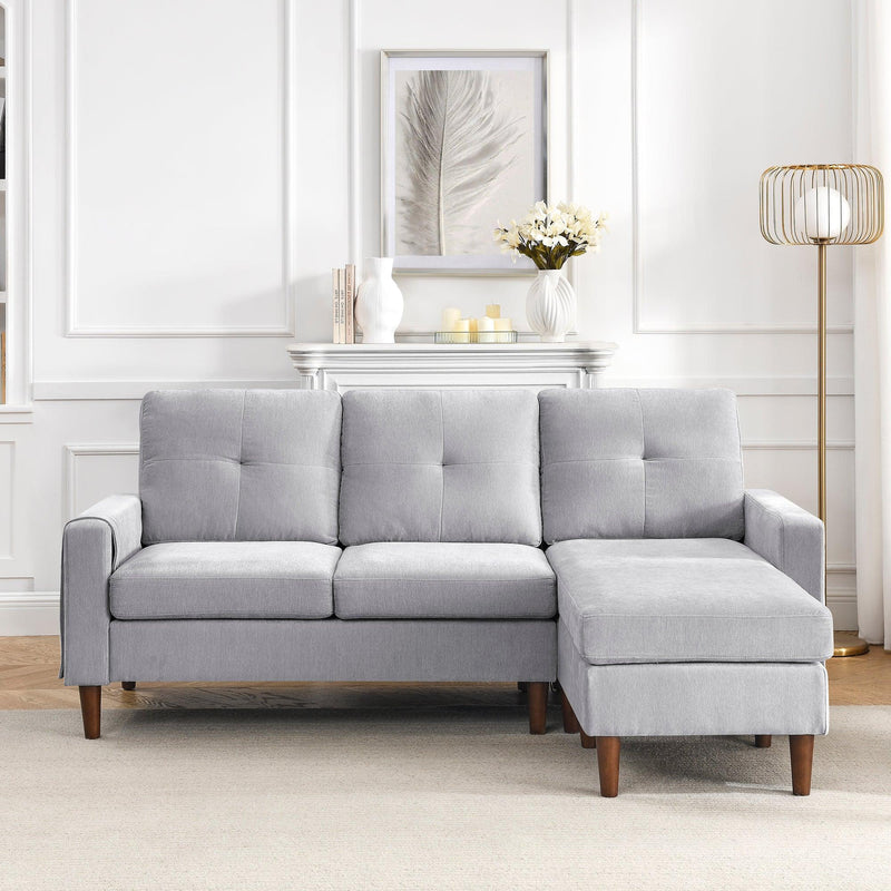 80” Convertible Sectional Sofa Couch, 3 Seats L-shape Sofa with Removable Cushions and Pocket, Rubber Wood Legs, Light Grey Chenille