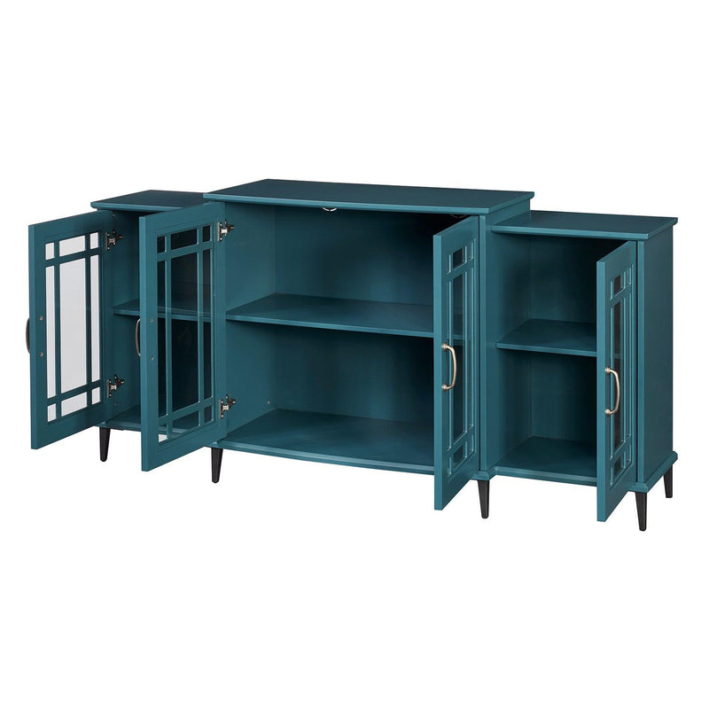 62” TV Stand,Storage Buffet Cabinet, Sideboard with Glass Door and Adjustable Shelves, Console Table for Dining Living Room Cupboard, Teal Blue