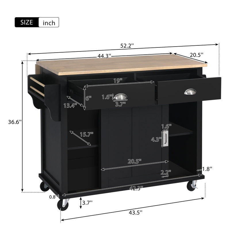 Kitchen Cart with Rubber wood Drop-Leaf Countertop, Concealed sliding barn door adjustable height,Kitchen Island on 4 Wheels withStorage Cabinet and 2 Drawers,L52.2xW30.5xH36.6 inch, Black - Urban Living Furniture (Los Angeles, CA)