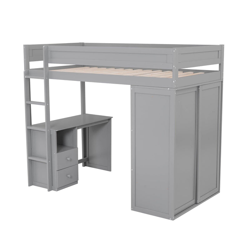 Wood Twin Size Loft Bed with Wardrobes and 2-Drawer Desk with Cabinet, Gray - Urban Living Furniture (Los Angeles, CA)