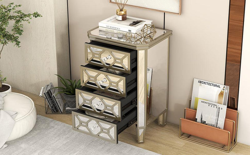 Elegant Mirrored 4-Drawer Chest with Golden LinesStorage Cabinet for Living Room, Hallway, Entryway