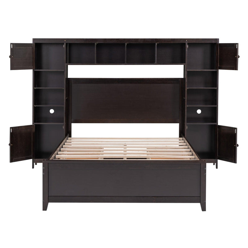 Full Size Wooden Bed With All-in-One Cabinet and Shelf, Espresso