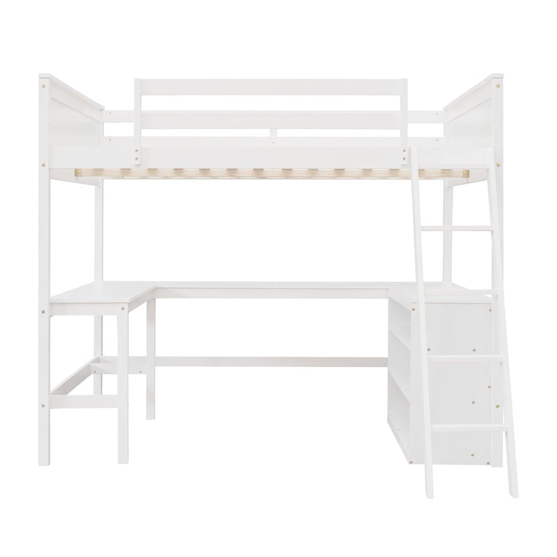 Full size Loft Bed with Shelves and Desk, Wooden Loft Bed with Desk - White - Urban Living Furniture (Los Angeles, CA)