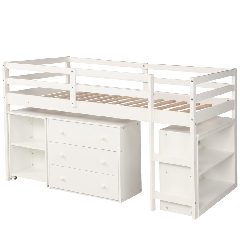 Low Study Twin Loft Bed with Cabinet and Rolling Portable Desk - White - Urban Living Furniture (Los Angeles, CA)