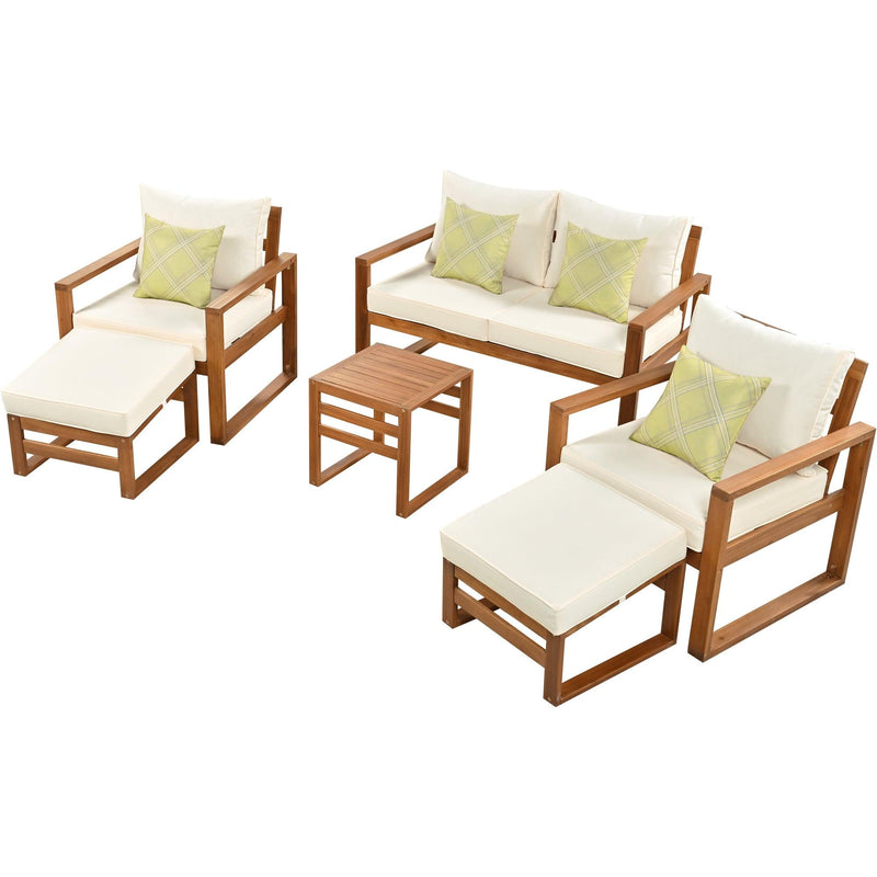 Outdoor Patio Wood 6-Piece Conversation Set, Sectional Garden Seating Groups Chat Set with Ottomans and Cushions for Backyard, Poolside, Balcony, Beige