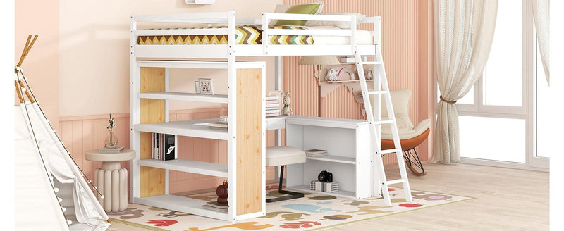 Full Size Loft Bed with Ladder, Shelves, and Desk, White