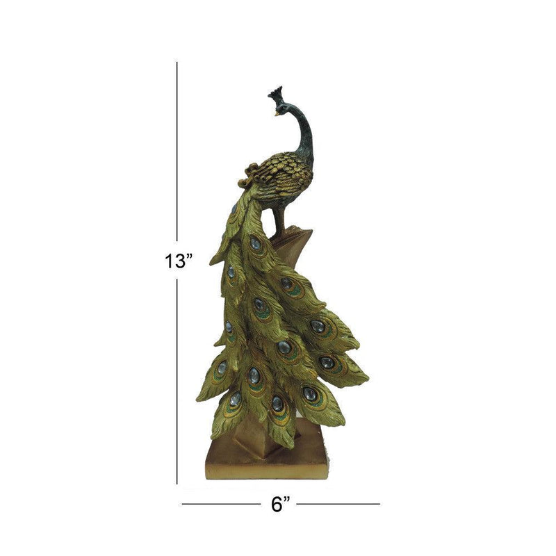 Polystone Decorative Peacock Figurine with Block Stand, Green and Gold - Urban Living Furniture (Los Angeles, CA)