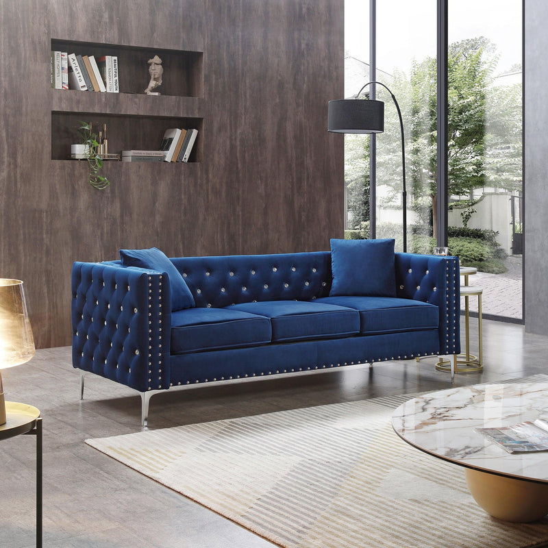 82.3" WidthModern Velvet Sofa Jeweled Buttons Tufted Square Arm Couch Blue,2 Pillows Included - Urban Living Furniture (Los Angeles, CA)