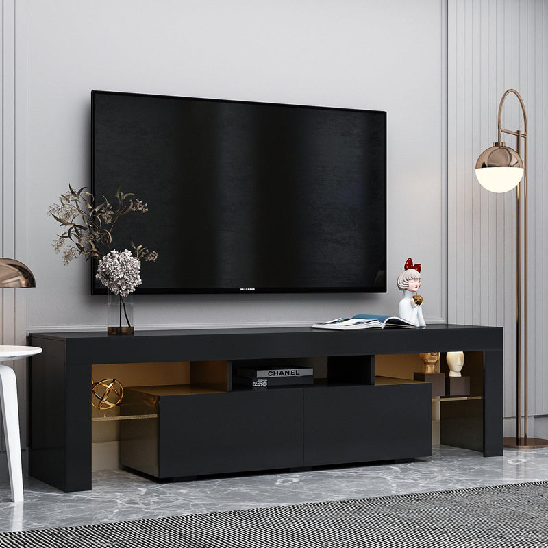 Modern Black TV Stand, 20 Colors LED TV Stand w/Remote Control Lights