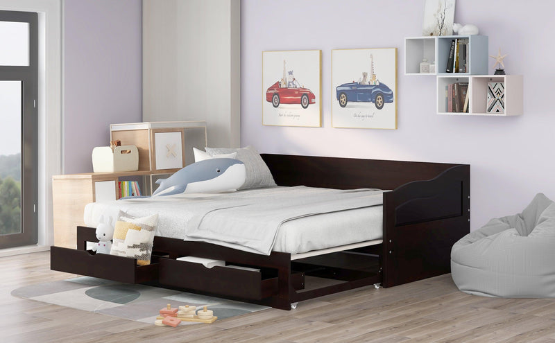 Wooden Daybed with Trundle Bed and TwoStorage Drawers , Extendable Bed Daybed,Sofa Bed with Two Drawers, Espresso - Urban Living Furniture (Los Angeles, CA)