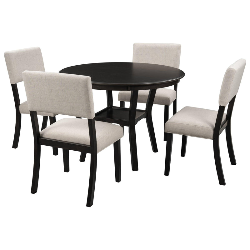 5-Piece Kitchen Dining Table Set Round Table with Bottom Shelf, 4 Upholstered Chairs for Dining Room（Espresso） - Urban Living Furniture (Los Angeles, CA)