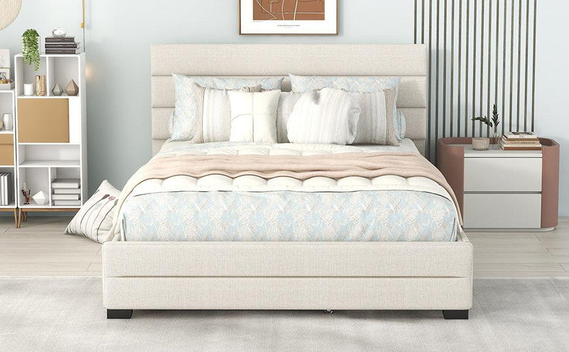 Queen Upholstered Platform Bed with Twin Size Trundle and Two Drawers, Beige - Urban Living Furniture (Los Angeles, CA)