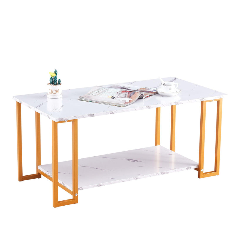 Coffee Table, 2 Layers 1.5cm Thick Marble MDF Rectangle 39.37" L Tabletop Iron Coffee Table , Dining Room, Coffee Shop, Resterant, White Top, ld Leg - Urban Living Furniture (Los Angeles, CA)