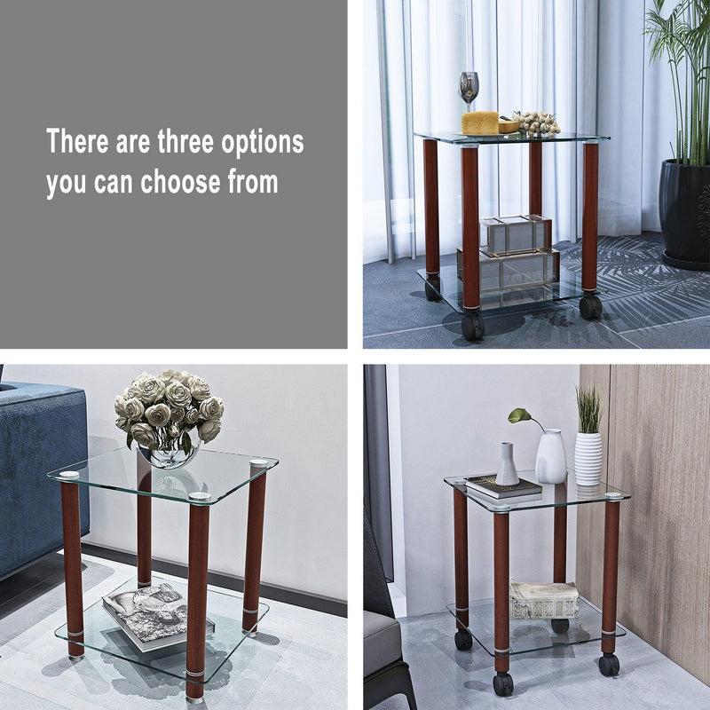 1-Piece Transparent+Walnut Side Table , 2-Tier Space End Table ,Modern Night Stand, Sofa table, Side Table withStorage Shelve