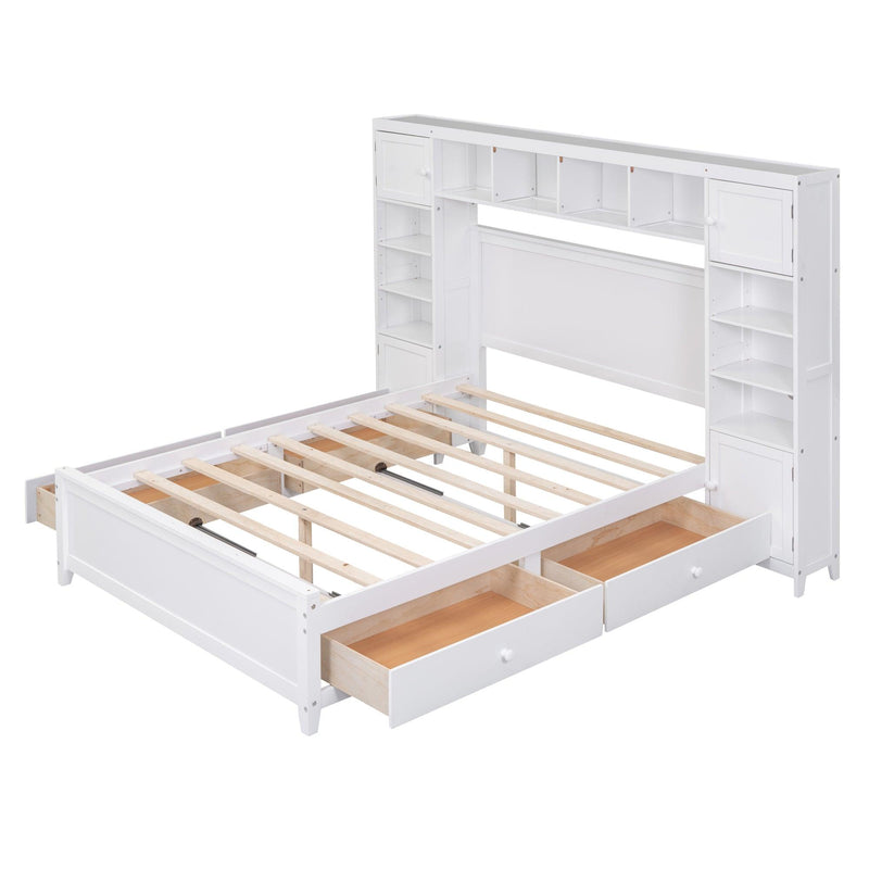 Full Size Wooden Bed With All-in-One Cabinet and Shelf, White