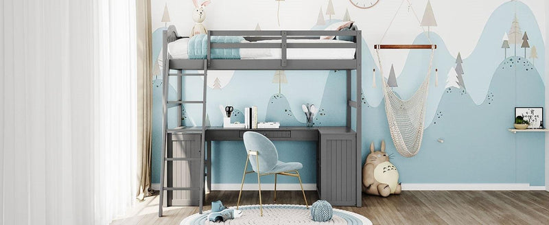 Twin size Loft Bed with Drawers, Cabinet, Shelves and Desk, Wooden Loft Bed with Desk - Gray