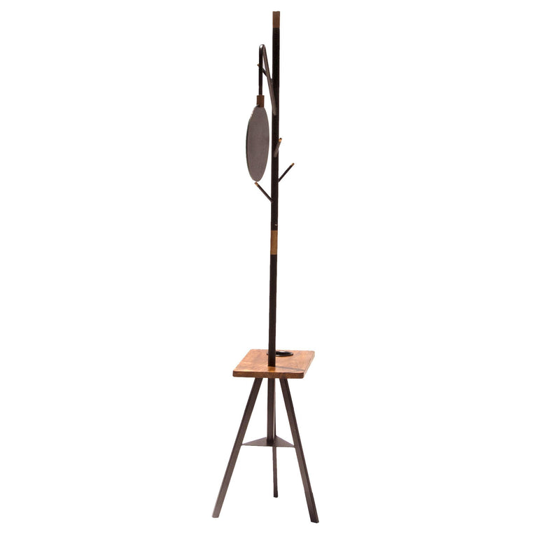 84 Inch Metal Coat Rack, Built In Mirror and Acacia Wood Accessory Table, Brown, Black - Urban Living Furniture (Los Angeles, CA)