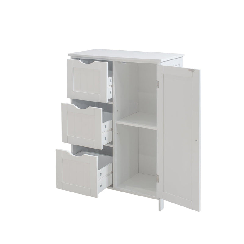 White Bathroom FloorStorage Cabinet, Wooden FreestandingStorage Cabinet, SideStorage Organizer with 1 Cupboard and 3 Drawers - Urban Living Furniture (Los Angeles, CA)