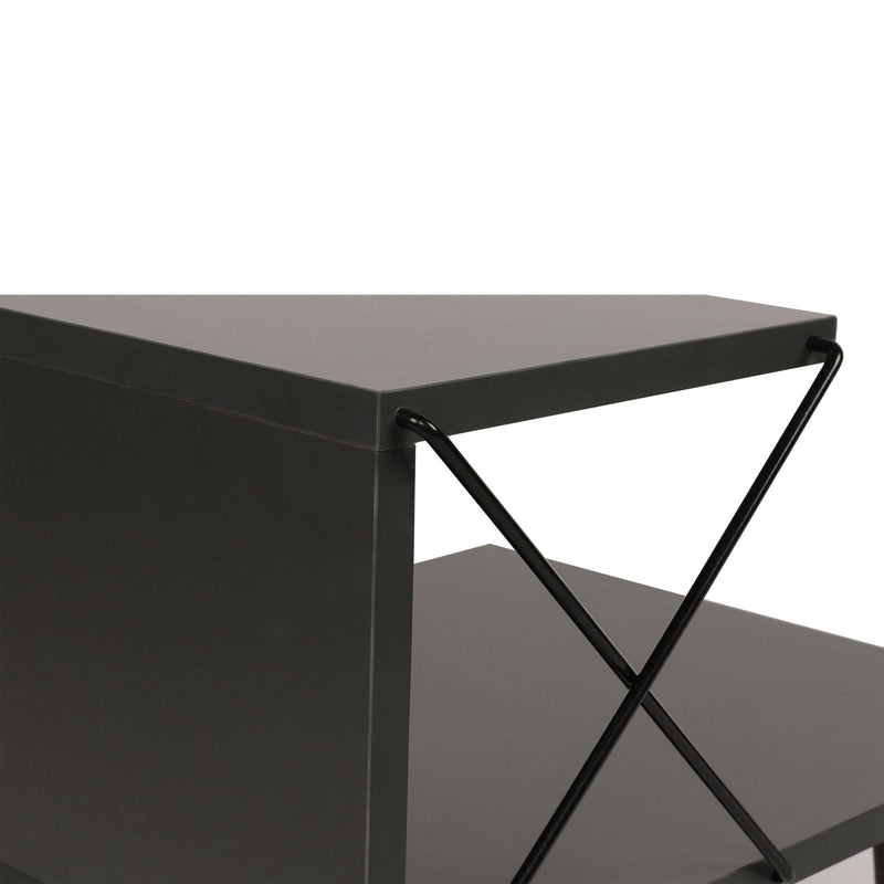 22 Inch Rectangular 2 Tier Wood  Nightstand Side Table, Crossed Metal Bar Frame, Angled Legs, Charcoal Gray, Brown - Urban Living Furniture (Los Angeles, CA)