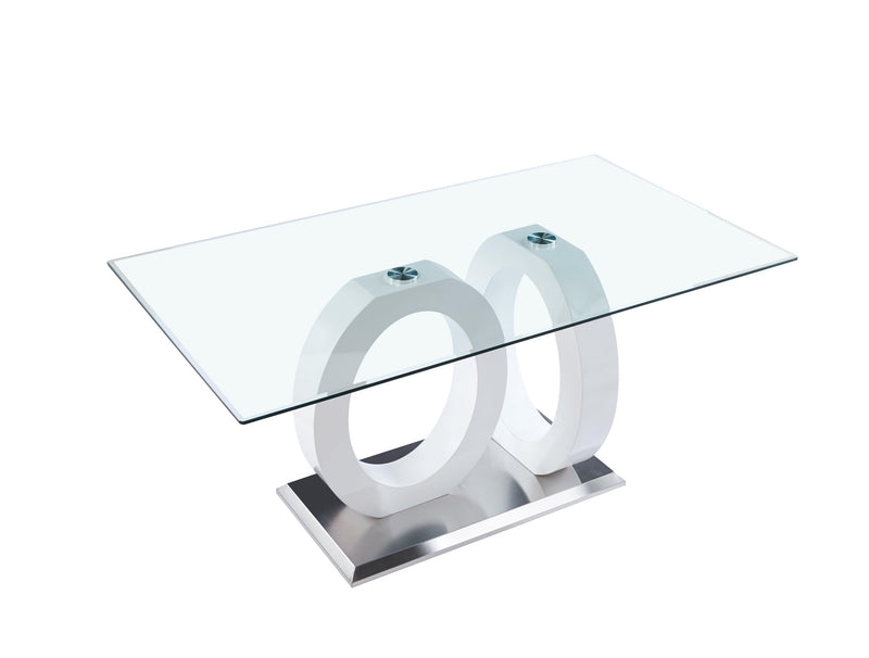 Contemporary Design Tempered Glass Dining Table with White MDF Middle Support and Stainless Steel Base