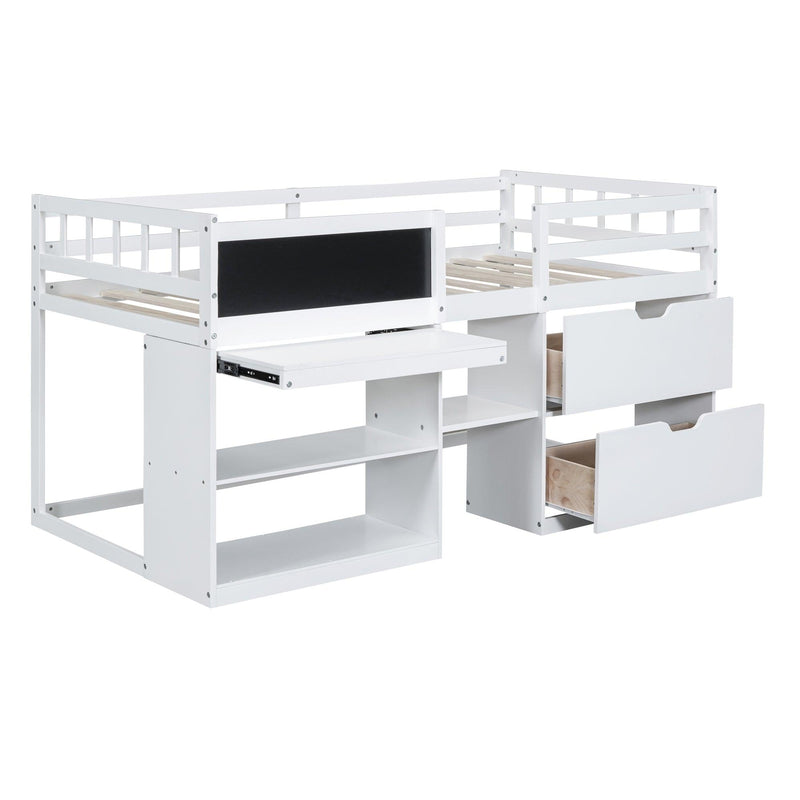 Twin Size Low Loft Bed with Rolling Desk, Shelf and Drawers - White - Urban Living Furniture (Los Angeles, CA)