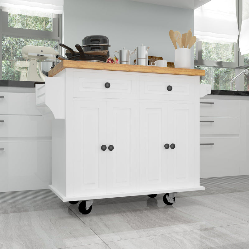 Kitchen Island Cart with TwoStorage Cabinets and Two Locking Wheels，43.31 Inch Width，4 Door Cabinet and Two Drawers，Spice Rack, Towel Rack （White） - Urban Living Furniture (Los Angeles, CA)