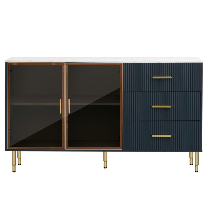 Modern Sideboard MDF Buffet Cabinet Marble Sticker Tabletop and Amber-yellow Tempered Glass Doors with Gold Metal Legs & Handles (Navy Blue)