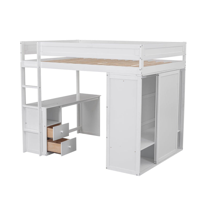 Wood Full Size Loft Bed with Wardrobes and 2-Drawer Desk with Cabinet, White