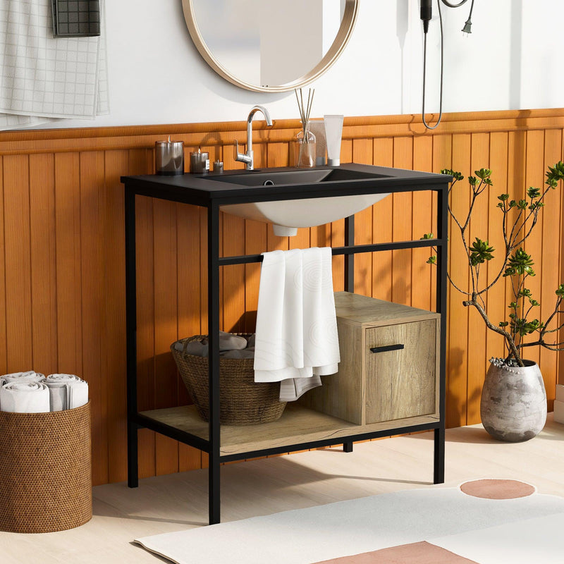 30" Bathroom vanity with Single Sink，Bathroom Storge Cabinet，Metal Frame，Black