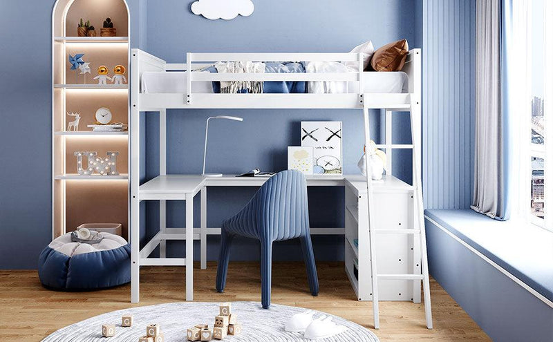 Full size Loft Bed with Shelves and Desk, Wooden Loft Bed with Desk - White - Urban Living Furniture (Los Angeles, CA)