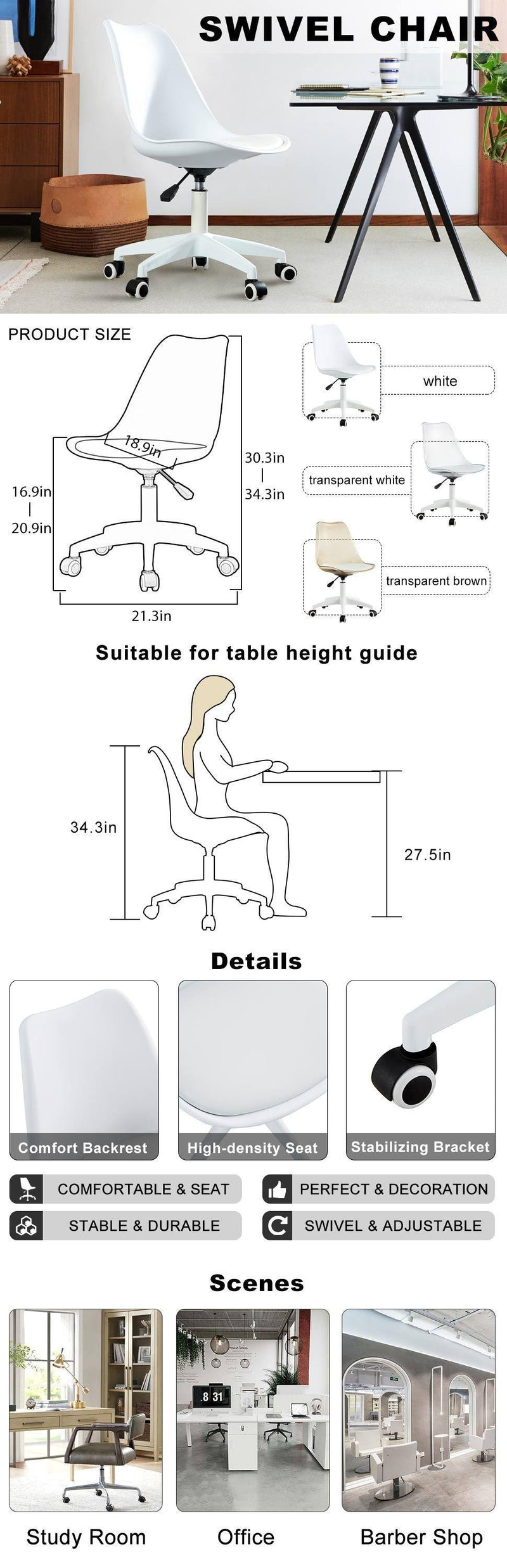 Modern Home Office Desk Chairs, Adjustable 360 °Swivel  Chair Engineering  Plastic Armless Swivel Computer  Chair With Wheels for Living Room, Bed Room Office Hotel Dining Room and White. - Urban Living Furniture (Los Angeles, CA)