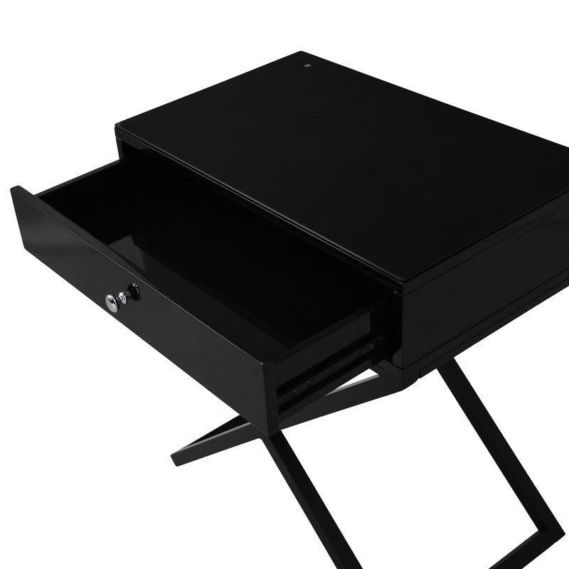 Koda Black Wooden End Side Table Nightstand with Glass Top, Drawer and Metal Cross Base