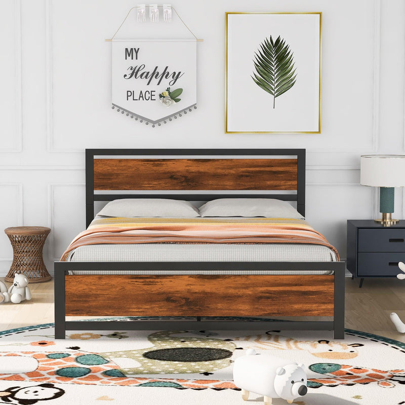 Metal and Wood Bed Frame with Headboard and Footboard ,Queen Size Platform Bed ,No Box Spring Needed, Easy to Assemble(Black) - Urban Living Furniture (Los Angeles, CA)